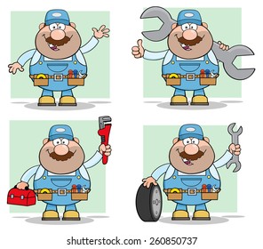 Cartoon Illustration Of Mechanic Character 7.  Vector Collection Set 