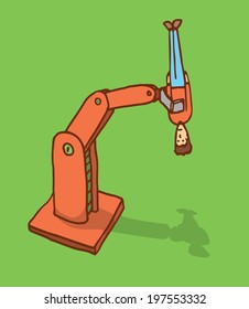 Cartoon illustration of a mechanic robot arm holding a man upside down