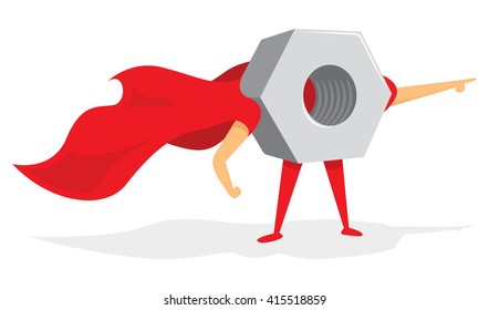 Cartoon illustration of mechanic super hero or nut saving the day