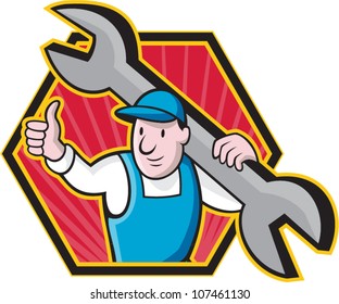 Cartoon illustration of a mechanic worker carrying giant spanner wrench holding thumb up set inside hexagon.