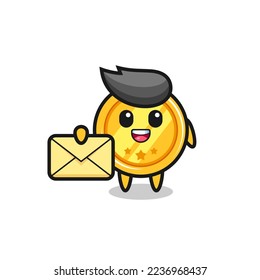 cartoon illustration of medal holding a yellow letter , cute style design for t shirt, sticker, logo element