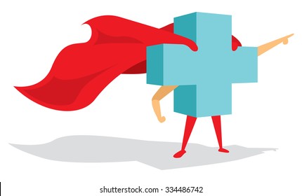 Cartoon Illustration Of Medical Health Cross Super Hero With Cape