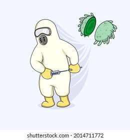 cartoon illustration of medical workers fighting viruses with vaccines .for children's education