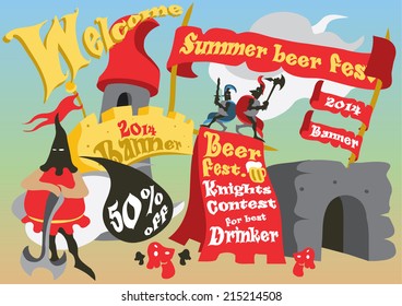 Cartoon illustration of medieval beer festival poster