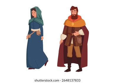 Cartoon illustration of medieval man in cape and woman in headscarf. Flat vector characters for fantasy, storybook, game design.