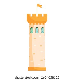 Cartoon illustration of a medieval stone tower with a flag waving in the wind