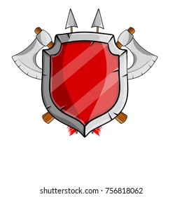 cartoon illustration - medieval weapons and armor. Heraldic coat of arms. Red shield, crossed axe, arrow