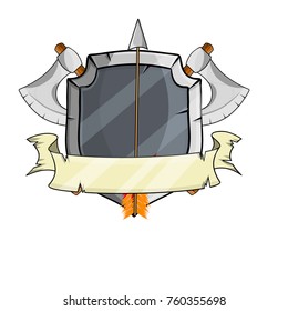 cartoon illustration - medieval weapons and armor. Steel shield with an arrow, crossed axe, tape. Heraldic coat of arms