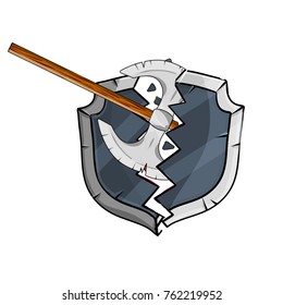 cartoon illustration - medieval weapons and armor. Broken shield and axe