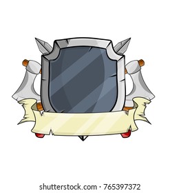 cartoon illustration - medieval weapons and armor. Shield, crossed axe, sword, ribbon