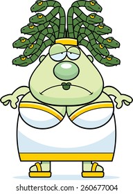 A cartoon illustration of Medusa looking sad.