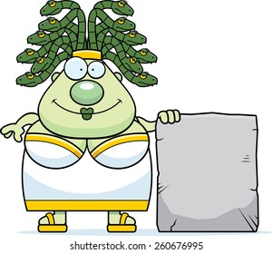 A cartoon illustration of Medusa with a sign.