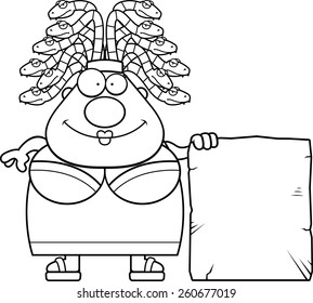 A cartoon illustration of Medusa with a sign.