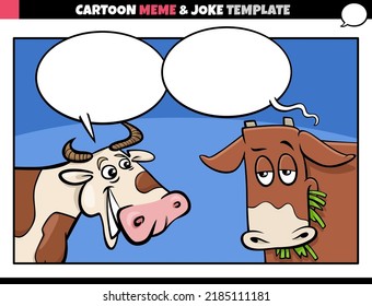 cartoon illustration of meme template with blank comic speech balloon and two funny cows