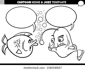 cartoon illustration of meme template with blank comic speech balloon and two funny fish