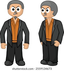 Cartoon illustration of men wearing formal black suits with orange shirts, giving serious expressions