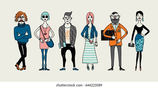 Cartoon illustration of men and women.