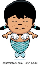 A cartoon illustration of a mermaid girl standing and smiling.