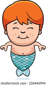 A cartoon illustration of a merman boy standing and smiling.