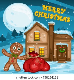 Cartoon Illustration of Merry Christmas Night Scene. Cute Gingerbread Man with Gift Bag Standing In Front Of a Decorated House