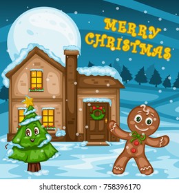 Cartoon Illustration of Merry Christmas Night Scene. Cute Gingerbread Man and Christmas Tree Standing In Front Of a Decorated House