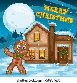 Cartoon Illustration of Merry Christmas Night Scene. Cute Gingerbread Man Standing In Front Of a Decorated House