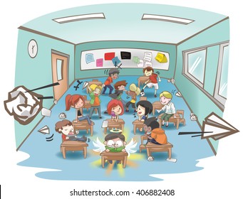 Cartoon illustration of a messy school classroom full of naughty and stubborn students but only one is studying hard like a white sheep in a group of black sheep concept. vector