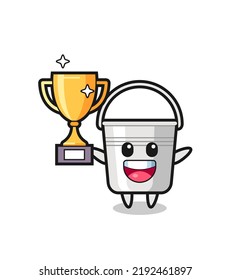 Cartoon Illustration of metal bucket is happy holding up the golden trophy , cute style design for t shirt, sticker, logo element