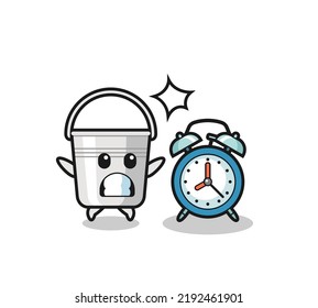 Cartoon Illustration of metal bucket is surprised with a giant alarm clock , cute style design for t shirt, sticker, logo element