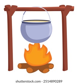 Cartoon illustration of a metal cooking pot hanging over a campfire on a simple wooden stand