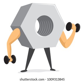 Cartoon illustration of metal nut lifting heavy weight