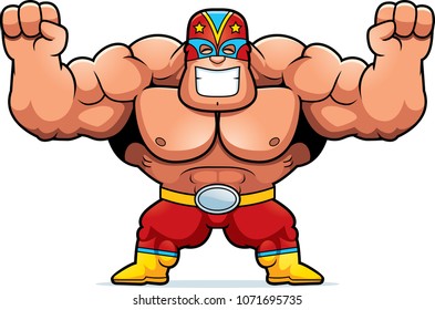 A cartoon illustration of a Mexican luchador celebrating.