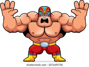 A cartoon illustration of a Mexican luchador looking scared.