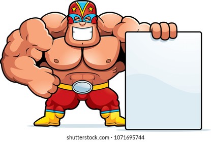 A cartoon illustration of a Mexican luchador with a sign.