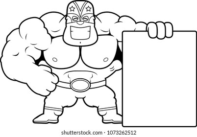 A cartoon illustration of a Mexican luchador with a sign.