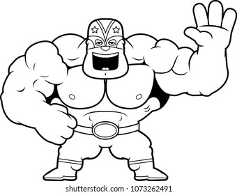 A cartoon illustration of a Mexican luchador waving.