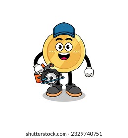 Cartoon Illustration of mexican peso as a woodworker , character design