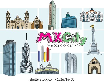 cartoon illustration of mexico city landmarks