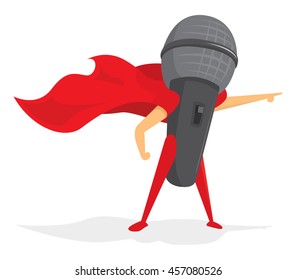 Cartoon illustration of microphone super hero with cape