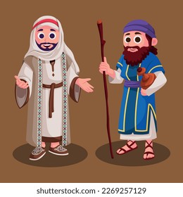 cartoon illustration of middle eastern people in vintage and old clothes.