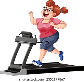 A cartoon illustration of a middle-aged woman running on a treadmill