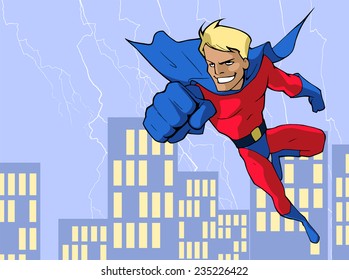 Cartoon illustration of a mighty flying superhero in bright costume 