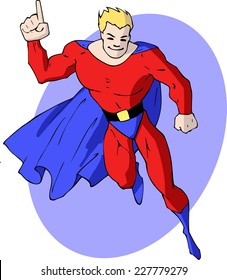 Cartoon illustration of a mighty superhero in bright costume