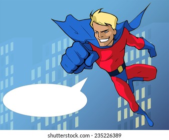 Cartoon illustration of a mighty superhero in bright costume flying forward