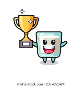 Cartoon Illustration of milk is happy holding up the golden trophy , cute style design for t shirt, sticker, logo element