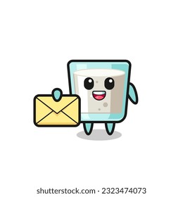 cartoon illustration of milk holding a yellow letter , cute style design for t shirt, sticker, logo element