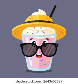 Cartoon illustration of a milkshake character wearing sunglasses and a hat.