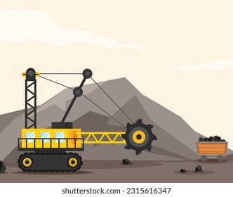 A cartoon illustration of a mining crane with a mountain in the background