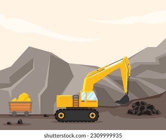 A cartoon illustration of a mining machine with a bucket full of coal