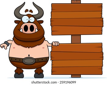 A cartoon illustration of a minotaur with a sign.